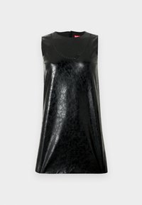 Svart ermeløs kjole i imitert skinn med glatt tekstur, med rund hals og en subtil dekorativ sømdetalj.