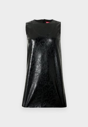 Black sleeveless dress in faux leather with a smooth texture, featuring a round neckline and a subtle decorative stitching detail.