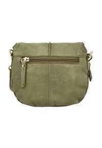 Olivengrøn læder crossbody taske med en lynlåslomme foran, diskrete syninger og hardware i guldtoner. Blød struktur.