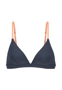 Marineblauwe driehoekige bralette met lichtoranje bandjes, gemaakt van soepele stof, met een naadloos ontwerp zonder padding of beugels.