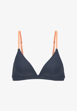 Tamnoplavi trokutasti bralette s svijetlo narančastim trakama, izrađen od glatkog materijala, s bešavnim dizajnom bez jastučića ili žica.