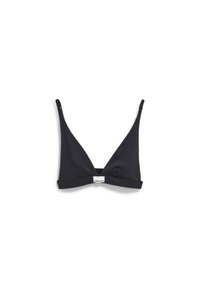 Bralette en coton noir de forme triangulaire, avec des fines bretelles ajustables et une large bande portant une étiquette au centre.