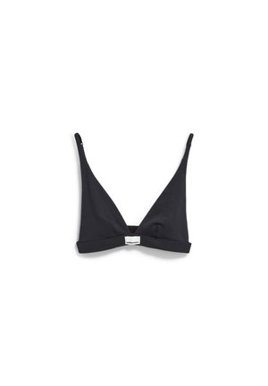 Black cotton bralette with a triangular shape, thin adjustable straps, and a wide band featuring a label at the center.