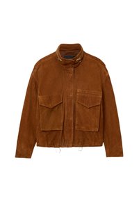 Bruine suede jas met een hoge kraag, twee grote voorzakken en ritsdetails. Zachte textuur en cropped ontwerp.