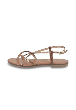 Sandalo marrone con suola piatta e fettucce sottili. Presenta un dettaglio metallico e accenti in tessuto sulla fettucia. Design open-toe, stile casual.