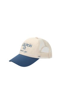 Gorra de béisbol con la parte frontal en crema, visera azul y parte trasera de malla. Presenta un logotipo y texto impresos en azul en el panel frontal.