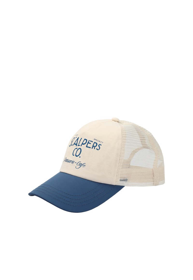 Gorra de béisbol con la parte frontal en crema, visera azul y parte trasera de malla. Presenta un logotipo y texto impresos en azul en el panel frontal.