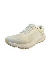 Chaussure de sport blanche imperméable avec une tige en maille texturée, semelle légère, design courbé et embout renforcé.