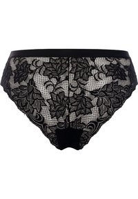 Zwarte kanten slipjes met bloemmotieven, een gestructureerd gaasontwerp, een scalloped rand en een gladde tailleband.