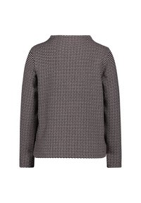 Langærmet top i marineblå og creme med et struktureret zigzag-mønster, med rund halsudskæring og lige kant, lavet af et blødt stof.