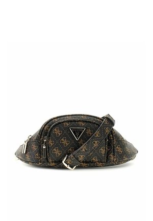 Banane noire et marron à motifs avec poches zippées et sangle réglable dotée d'une boucle métallique et d'un patch logo triangulaire.