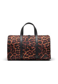 Torba typu duffel wykonana z materiału w czarno-brązowy wz�ór panterki, z czarnymi skórzanymi paskami i zamkiem błyskawicznym. Zdobiona naszywką z logo.
