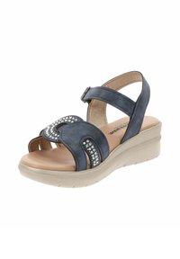 Sandalo blu navy con soletta imbottita, cinturino alla caviglia regolabile, dettagli decorativi in strass e suola piatta di colore chiaro.