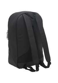 Zaino nero con finitura liscia e opaca, dettagli in rete, spallacci regolabili e tasca laterale con zip per riporre oggetti.
