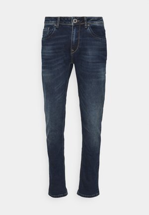 Donkerblauwe denim jeans met een recht gesneden ontwerp, met subtiele vervaging, vijf zakken, een taille met riemlussen en contrasterende stiksels.