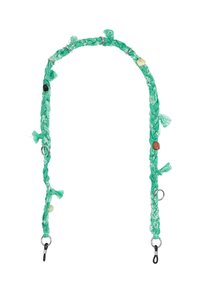 Cinghia intrecciata in tessuto turchese con accenti testurizzati. Presenta nodi decorativi, clip in metallo e perline in contrasto per un dettaglio aggiuntivo.