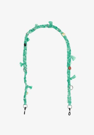 Cinghia intrecciata in tessuto turchese con accenti testurizzati. Presenta nodi decorativi, clip in metallo e perline in contrasto per un dettaglio aggiuntivo.
