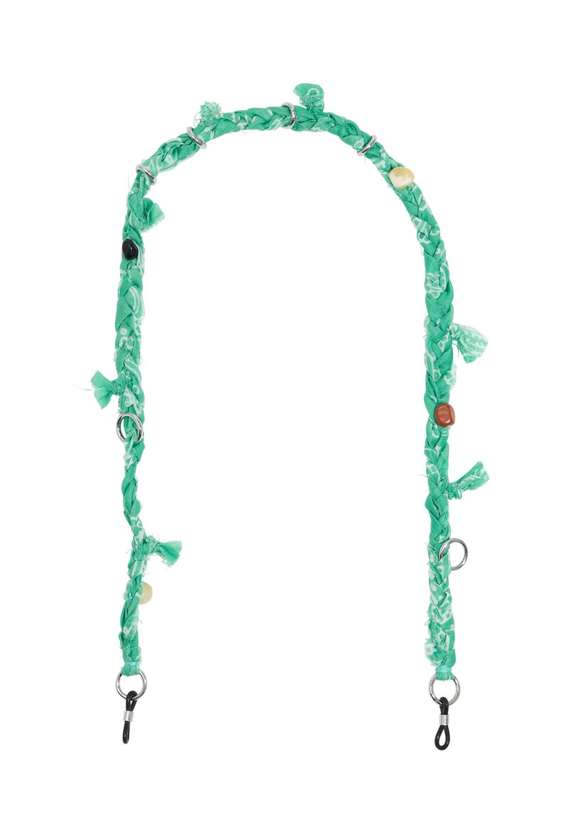 Cinghia intrecciata in tessuto turchese con accenti testurizzati. Presenta nodi decorativi, clip in metallo e perline in contrasto per un dettaglio aggiuntivo.
