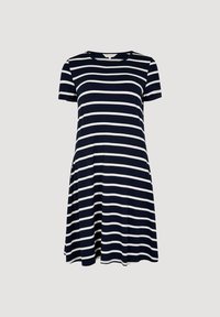 Marineblaues Kurzarmkleid mit horizontalen weißen Streifen, rundem Halsausschnitt und gefalteten Seiten, aus weichem Stoff mit lockerer Passform.