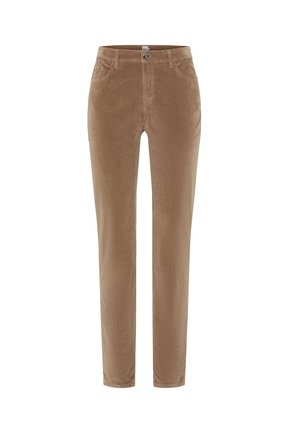 Brune corduroybukser, slim fit, fem lomme-design, med flad front og knaplukning. Glat tekstur med subtile lodrette ribber.