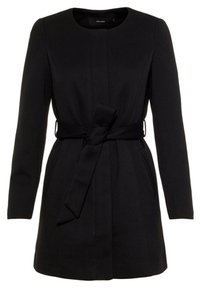 Black tailored coat featuring a round neckline, long sleeves, front tie waist, side pockets, and a smooth texture.