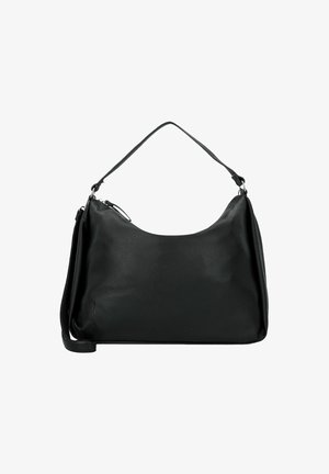 Sac à main en cuir noir avec une surface douce et texturée, présentant une forme courbée et une bandoulière unique pour le porter. Détail de fermeture éclair visible.