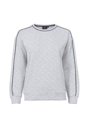White long-sleeve sweater with small blue dots and black piping along sleeves and collar, featuring a round neckline and ribbed cuffs.