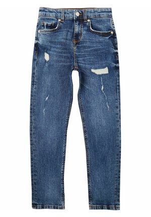 Jean en denim bleu coupe slim, avec des zones usées aux cuisses et un style classique cinq poches avec fermeture à bouton.