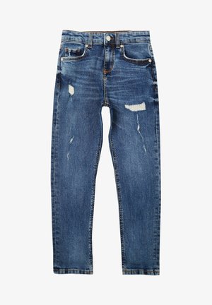 Blaue Slim-Fit-Denim-Jeans mit abgenutzten Stellen an den Oberschenkeln und klassischem Fünf-Taschen-Design mit Knopfverschluss.