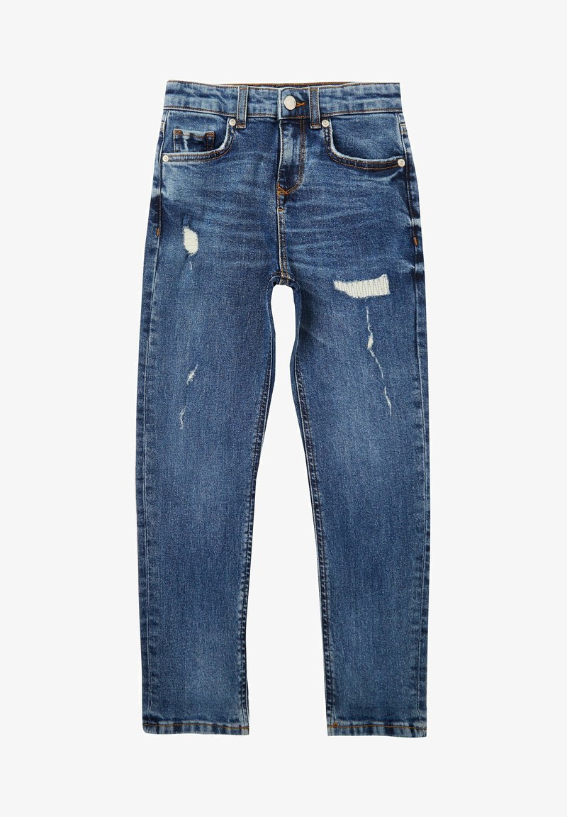 Jean en denim bleu coupe slim, avec des zones usées aux cuisses et un style classique cinq poches avec fermeture à bouton.