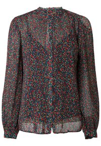 Blusa trasparente a maniche lunghe con colletto alto, texture plissettata, fondo blu scuro e motivo floreale colorato su tutta la superficie.