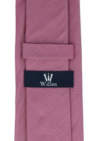 Textured pink tie with a subtle pattern, featuring a navy blue label with "Willen" in white text. Rectangular shape with a classic design.