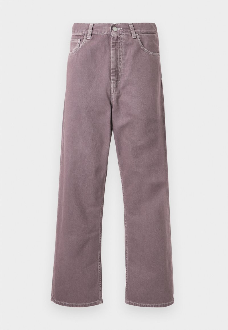 Weite Hosen in einem gedämpften Lavendelton, aus Denim gefertigt. Beinhaltet fünf Taschen, einen Knopfverschluss und dezente Stickakzente.