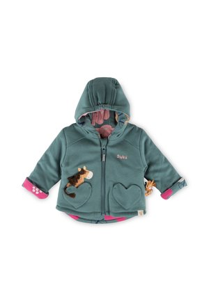 Türkise Fleecejacke mit Kapuze, herzförmigen Taschen und Pferdeapplikation. Gefüttert mit einem gemusterten Innenfutter und mit rosa Akzenten an den Bündchen.