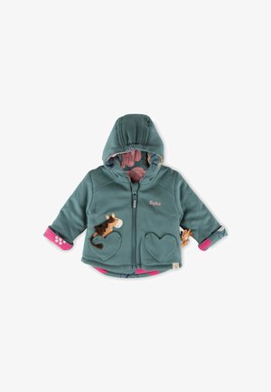 Türkise Fleecejacke mit Kapuze, herzförmigen Taschen und Pferdeapplikation. Gefüttert mit einem gemusterten Innenfutter und mit rosa Akzenten an den Bündchen.