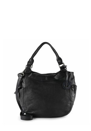 Zwarte leren handtas met een gebogen vorm, dubbele handvatten, een afneembare schouderriem en een ronde ankerachtige hanger. Gelaagde afwerking.