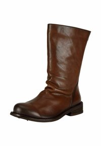 Botte marron en cuir, montant jusqu'au genou, au design décontracté, avec un bout arrondi, un talon empilé et des détails de couture subtils sur le côté.