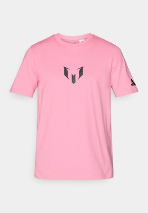 Tricou din bumbac roz, cu guler rotund, având un logo graphic negru pe piept și un logo mic pe mâneca dreaptă.