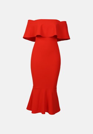 Rotes schulterfreies Kleid mit weitem Saum. Hergestellt aus dehnbarem Stoff, bietet es eine taillierte Silhouette und eine glatte Textur über das gesamte Kleid.