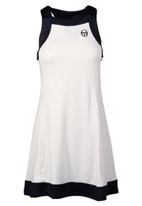 Weißes Kleid mit marineblauen Akzenten am Ausschnitt und Saum, aus glattem Stoff. Verfügt über ein Racerback-Design und ein Logo auf der Brust.