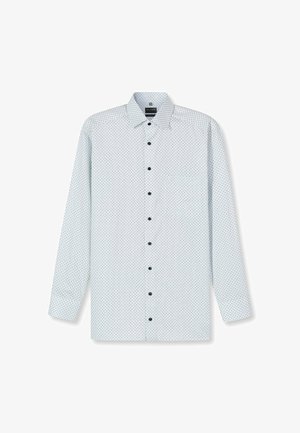 Hellblaues Hemd mit langen Ärmeln und kleinem dunkelblaubem geometrischen Muster, klassischer Kragen, Knopfleiste und marineblauen Knöpfen. Glatte Textur.