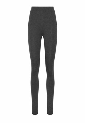Ciemnoszare, dopasowane legginsy z wysokim stanem o gładkiej fakturze, prezentowane na białym tle.