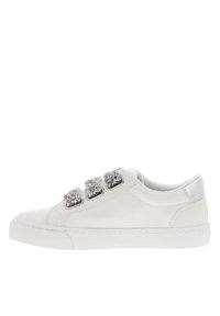 White sneaker made of smooth leather featuring three sparkly silver buckle closures and a textured rubber sole. Silver heel accent included.