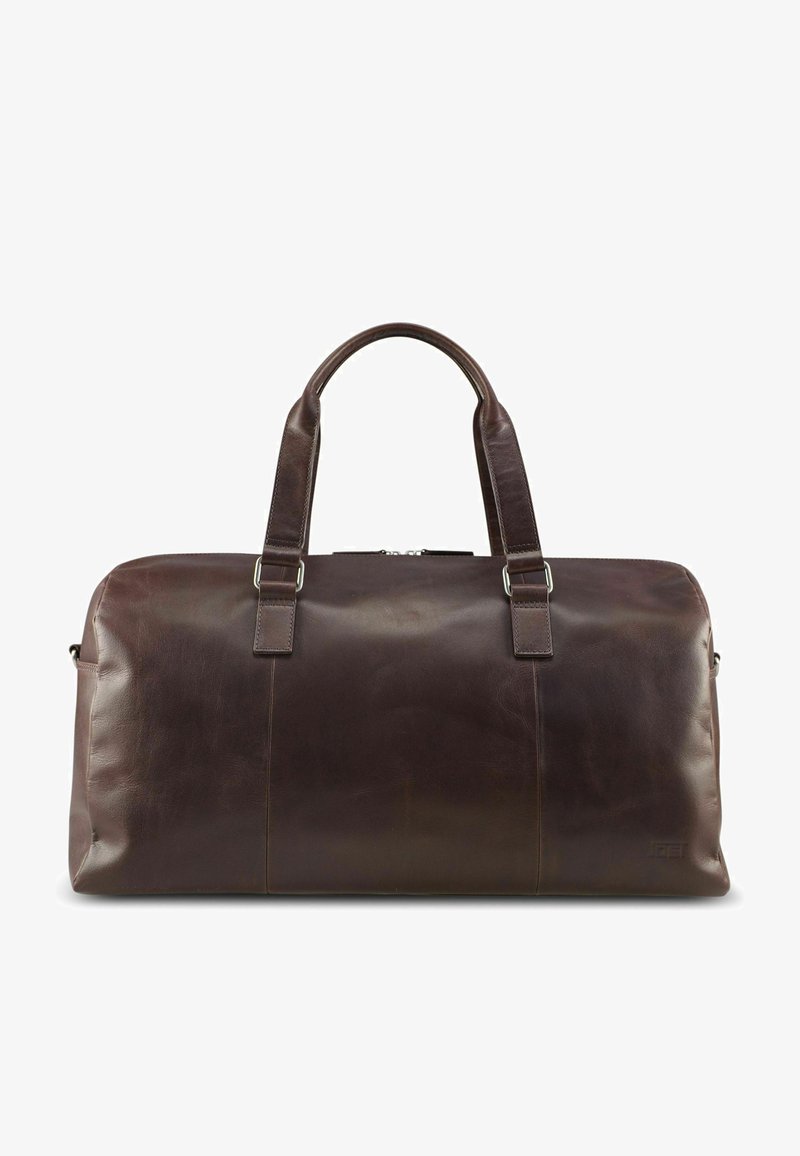 Dunkelbraune Lederreisetasche mit zwei robusten Griffen, silberner Beschlägen und einem Reißverschluss oben.