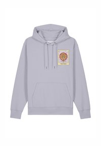 Lichtgrijze hoodie met een voorzak, verstelbare trekkoordkap, en een kleurrijke pizzagraphic patch op de linkerborst.
