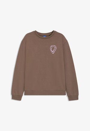 Brązowa bluza z długimi rękawami, prążkowanymi mankietami i dołem oraz różowym logo i uśmiechniętą grafiką na lewej piersi. Gładka tekstura.