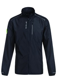 Navy windbreaker jacket with a high collar, front zip closure, reflective accents, and one zippered chest pocket. Lightweight material.