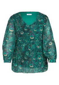 Blouse verte transparente avec imprimé de plumes de paon, manches longues bouffantes, col en V et détails froncés aux épaules.