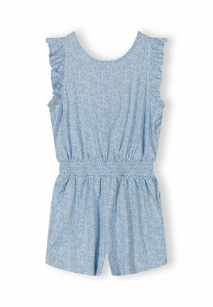 Combi-short bleu clair sans manches avec petit imprimé floral, détails à volants aux épaules et taille élastiquée.