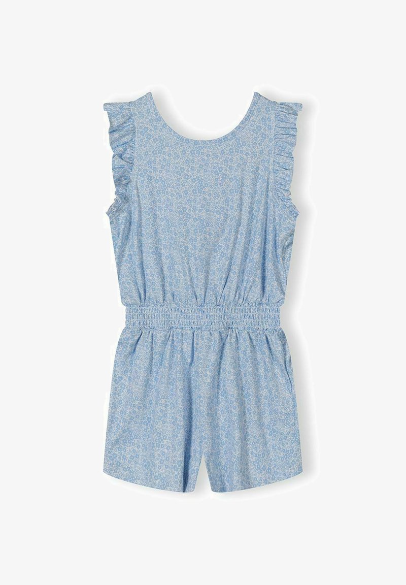 Combi-short bleu clair sans manches avec petit imprimé floral, détails à volants aux épaules et taille élastiquée.